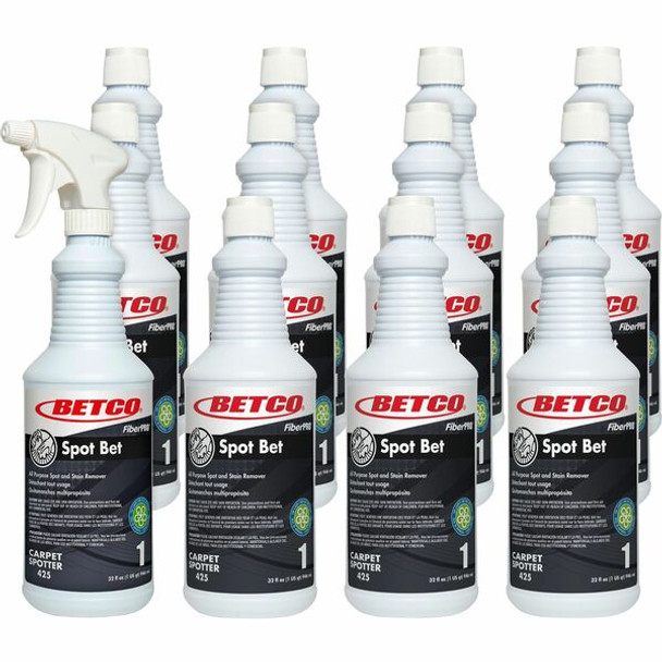 Betco FIBERPRO Spot Bet Stain Remover - Ready-To-Use - 32 fl oz (1 quart) - Country Fresh Scent - 12 / Carton - Colorless