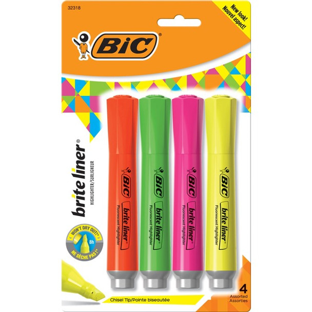 BIC Brite Liner Grip XL Highlighters, Assorted, 4 Pack - Chisel Marker Point Style - Fluorescent Assorted - 4 Pack
