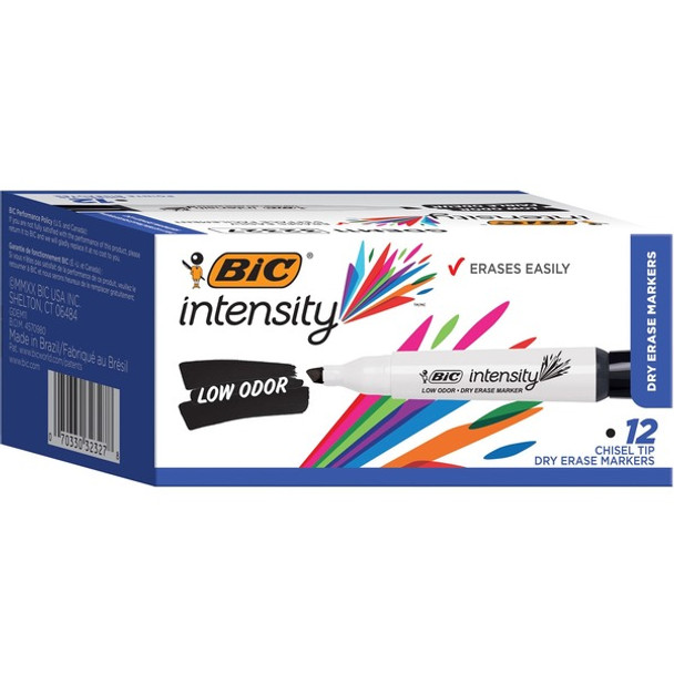 BIC Intensity Low Odor Dry Erase Markers - Chisel Marker Point Style - Black - 1 Dozen