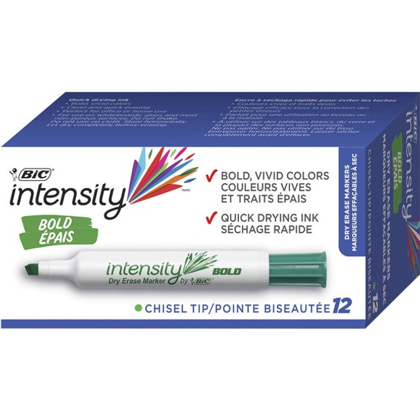 BIC Intensity Low Odor Dry Erase Markers - Chisel Marker Point Style - Green - 1 Dozen