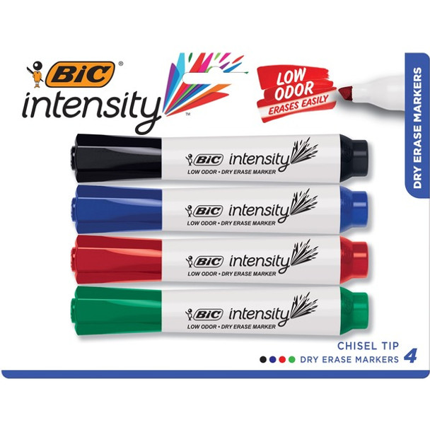 BIC Intensity Low Odor Dry Erase Marker, Tank, Assorted, 4 Pack - Chisel Marker Point Style - Assorted - 4 Pack