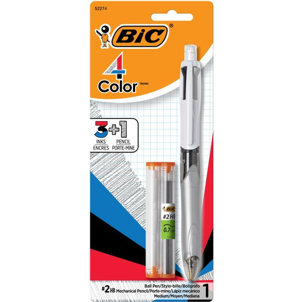 BIC 4-Color 3+1 Ball Pen and Pencil, Assorted Inks, 1 Pack - 2HB Pencil Grade - 0.7 mm Lead Size - Assorted Ink - Assorted Lead - Retractable - 1 / Pack