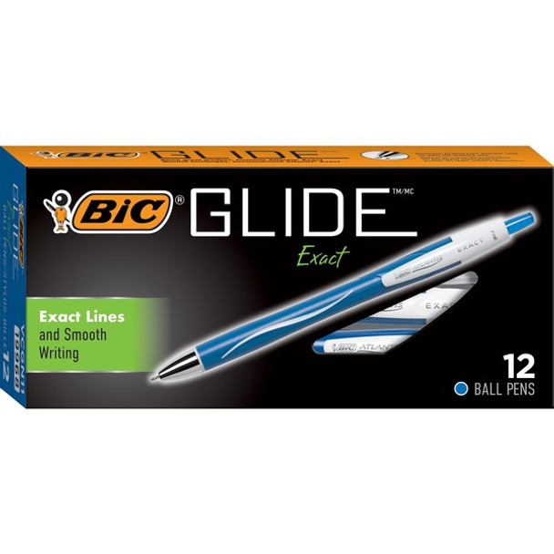 BIC Glide Exact Retractable Ballpoint - Fine Pen Point - Retractable - Blue - Blue, White Barrel - 1 Dozen