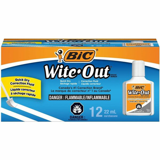 BIC Quick Dry Correction Fluid, White, 12 Pack - Foam Brush Applicator - 20 mL - White - 12 / Pack