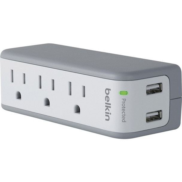 Belkin 3-Outlet Mini Surge Protector with USB Ports (2.1 AMP) - 3 x NEMA 5-15R, 2 x USB - 918 J - 120 V AC Input - 120 V AC, 5 V DC Output - External
