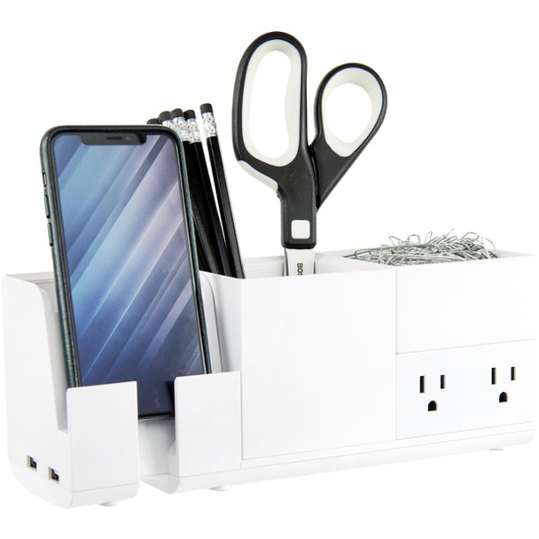 Bostitch Konnect Desk Organizer with Power Station - Desktop - Stackable, USB Hub, Cable Management, Storage Tray, Rubber Feet, Non-slip Feet - White - 1 Each