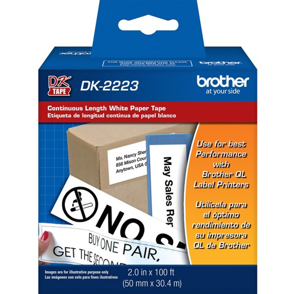 Brother DK2223 - White Continuous Length Paper Tape - Permanent Adhesive - 2" Width x 100 ft Length - White - Paper