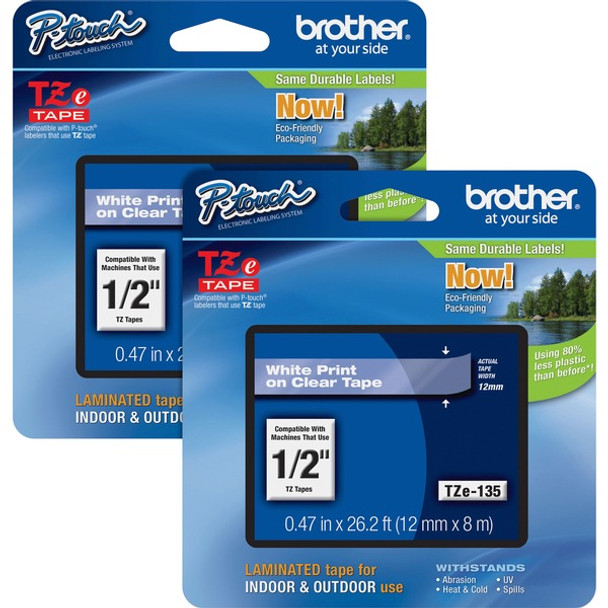 Brother P-touch TZe Laminated Tape Cartridges - 1/2" Width - White, Clear - 2 / Bundle - Water Resistant - Grease Resistant, Grime Resistant, Temperature Resistant
