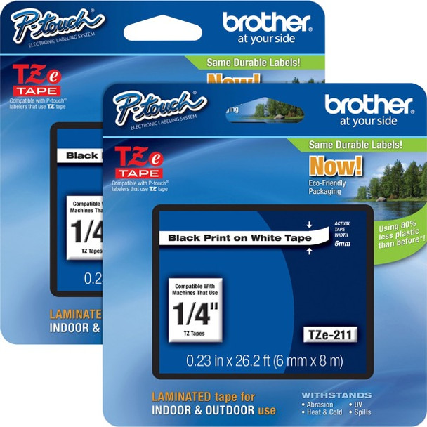 Brother P-touch TZe Laminated Tape Cartridges - 1/4" Width - Rectangle - White - 2 / Bundle - Water Resistant - Grease Resistant, Grime Resistant, Temperature Resistant