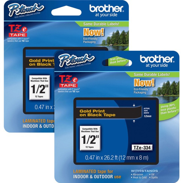 Brother P-touch TZe Laminated Tape Cartridges - 1/2" Width - Black - 2 / Bundle - Water Resistant - Grease Resistant, Grime Resistant, Temperature Resistant