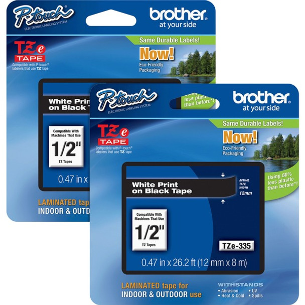 Brother P-touch TZe Laminated Tape Cartridges - 15/32" Width - Rectangle - Black - 2 / Bundle - Water Resistant