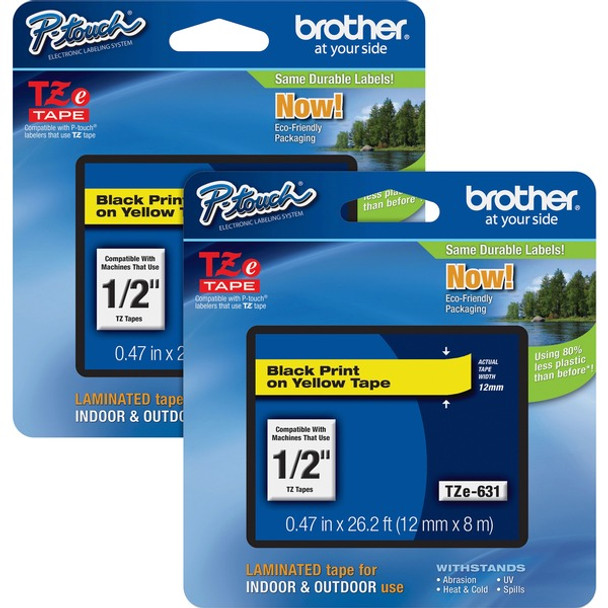 Brother P-touch TZe Laminated Tape Cartridges - 15/32" Width - Rectangle - Yellow - 2 / Bundle - Water Resistant - Grease Resistant, Grime Resistant, Temperature Resistant