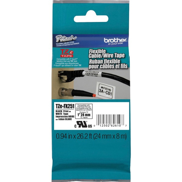 Brother 1" Black on White Flexible ID Tape - 15/16" Width x 26 1/4 ft Length - Rectangle - Thermal Transfer - White - 1 Each