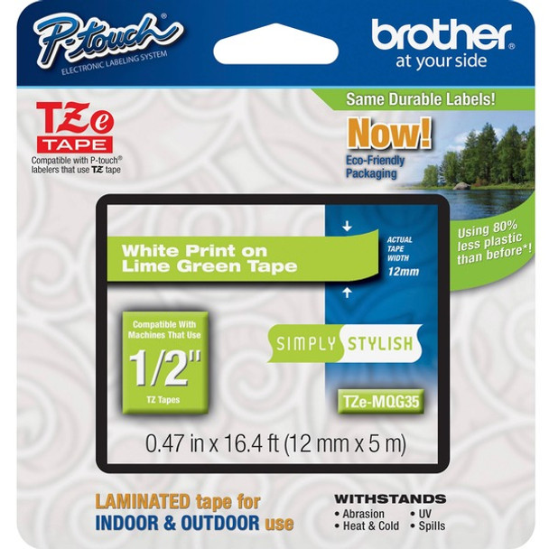 Brother P-Touch TZe Laminated Tape - 15/32" Width x 16 13/32 ft Length - Rectangle - Direct Thermal, Thermal Transfer - Lime Green - 1 Each - Water Resistant - Abrasion Resistant, Chemical Resistant, Fade Resistant, Temperature Resistant