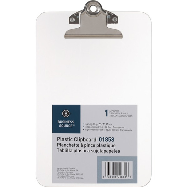 Business Source Plastic Clipboard - 6" x 9" - Spring Clip - Plastic - Clear - 1 Each