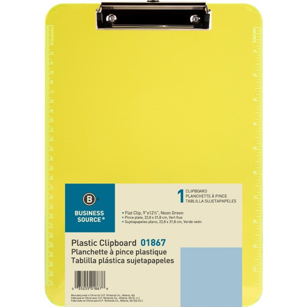 Business Source Flat Clip Clipboard - 9" x 12" - Plastic - Neon Green - 1 Each