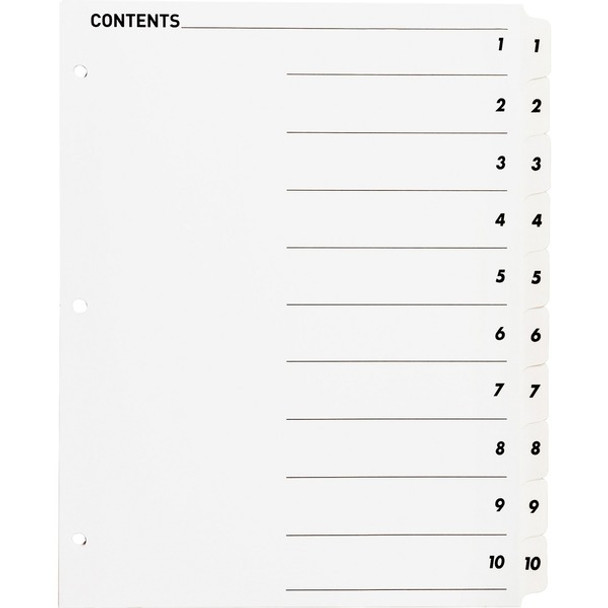 Business Source Table of Content Quick Index Dividers - Printed Tab(s) - Digit - 1-10 - 10 Tab(s)/Set - 8.5" Divider Width x 11" Divider Length - 3 Hole Punched - White Divider - White Mylar Tab(s) - 10 / Set