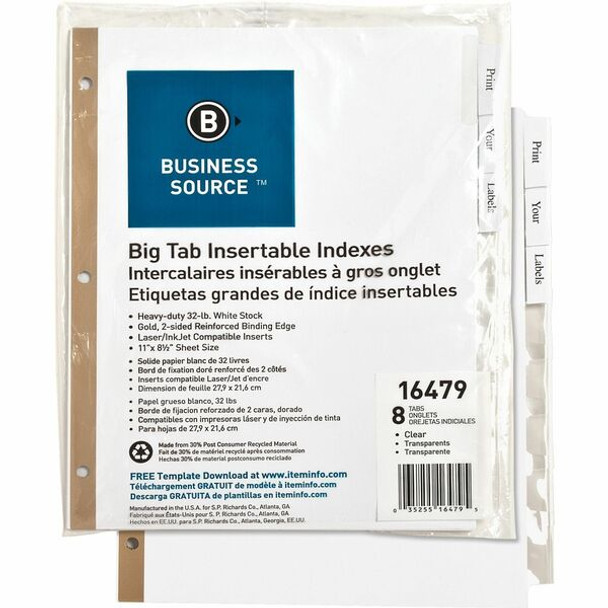 Business Source Tear-resistant Clear Tab Index Dividers - 8 Tab(s) - 8.5" Divider Width x 11" Divider Length - Letter - White Divider - Clear Tab(s) - Recycled - Tear Resistant - 8 / Set