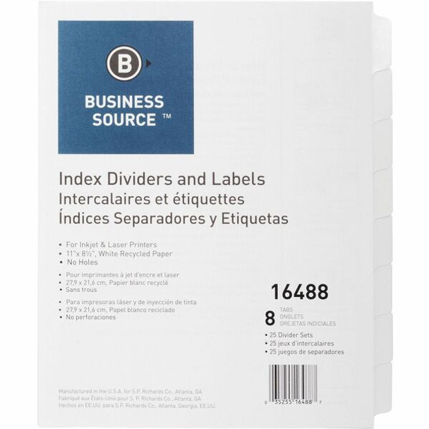 Business Source Unpunched Index Dividers Set - 8 Blank Tab(s) - 8.5" Divider Width x 11" Divider Length - Letter - White Tab(s) - Recycled - Unpunched - 25 / Box