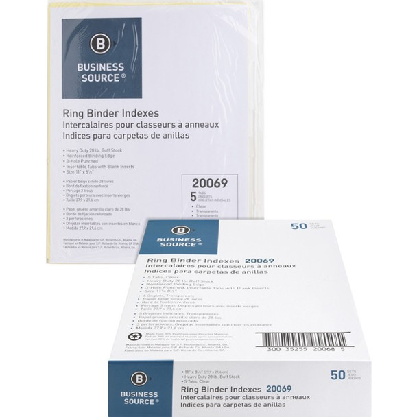 Business Source Buff Stock Ring Binder Indexes - 8 x Divider(s) - Blank Tab(s) - 8 Tab(s)/Set1.25" Tab Width - 8.5" Divider Width x 11" Divider Length - Letter - 3 Hole Punched - Clear Buff Paper Divider - Clear Tab(s) - 50 / Box