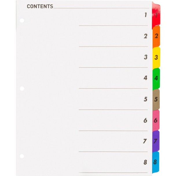 Business Source Table of Content Quick Index Dividers - Printed Tab(s) - Digit - 1-8 - 8 Tab(s)/Set - 8.5" Divider Width x 11" Divider Length - 3 Hole Punched - Multicolor Divider - Multicolor Mylar Tab(s) - 8 / Set