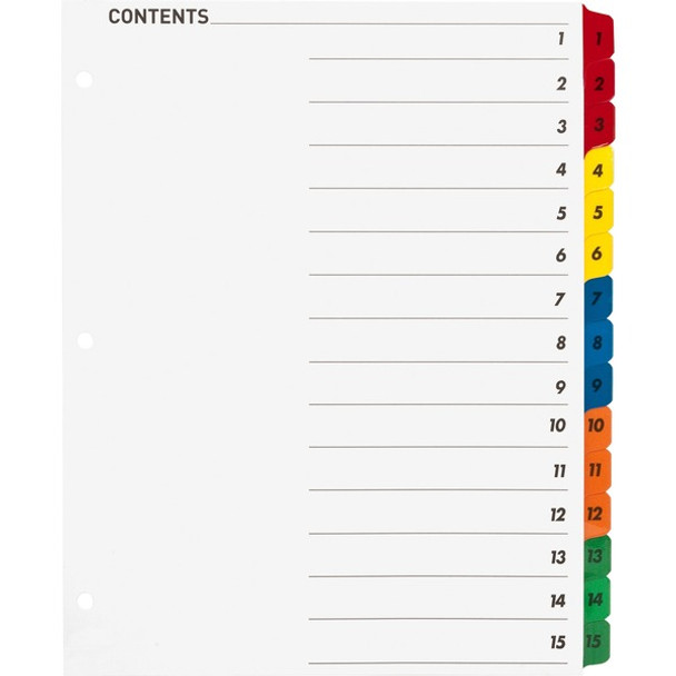 Business Source Table of Content Quick Index Dividers - Printed Tab(s) - Digit - 1-15 - 15 Tab(s)/Set - 8.5" Divider Width x 11" Divider Length - 3 Hole Punched - Multicolor Divider - Multicolor Mylar Tab(s) - 15 / Set