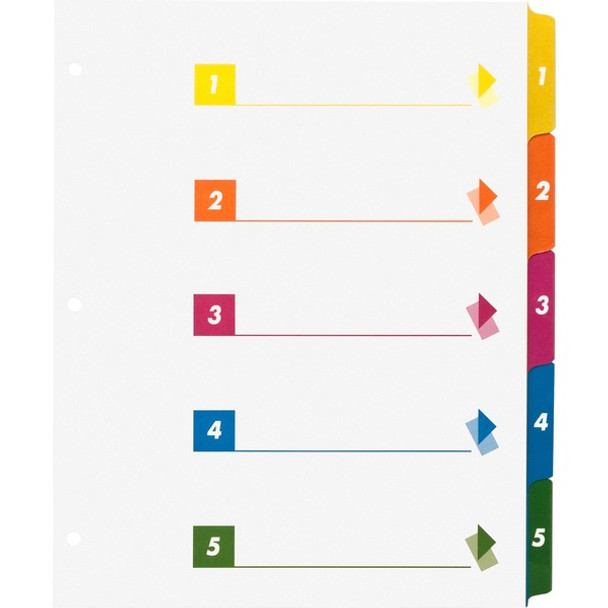 Business Source Color-coded Table of Contents/Tabs Index Dividers - Printed Tab(s) - Digit - 1-5 - 5 Tab(s)/Set - 3 Hole Punched - White Divider - Multicolor Mylar Tab(s) - 24 / Box