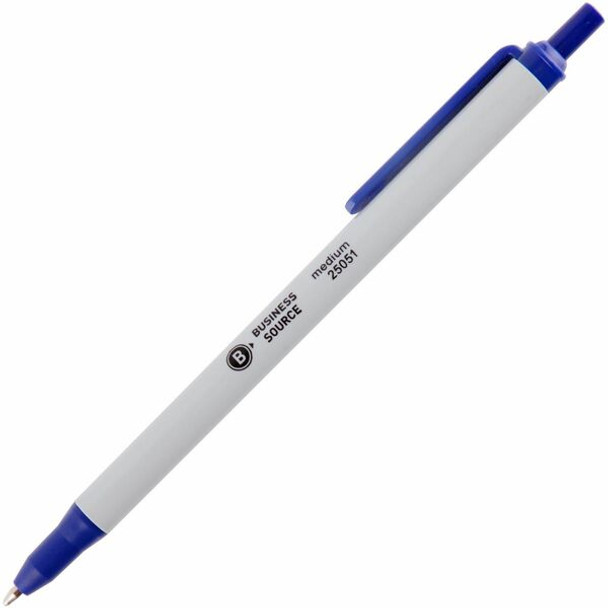 Business Source Retractable Ballpoint Pens - Medium Pen Point - Retractable - Blue - Gray Barrel - 1 Dozen