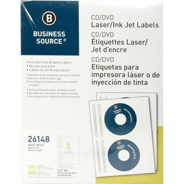 Business Source CD/DVD Labels - - Height4 5/8" Diameter - Permanent Adhesive - Circle - Inkjet, Laser - White - 100 / Pack - Lignin-free, Smudge Resistant