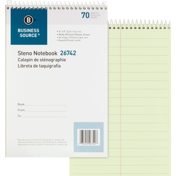 Business Source Steno Notebook - 70 Sheets - Wire Bound - Pitman Ruled Margin - 6" x 9" - Green Paper - Stiff-back - 1 Each