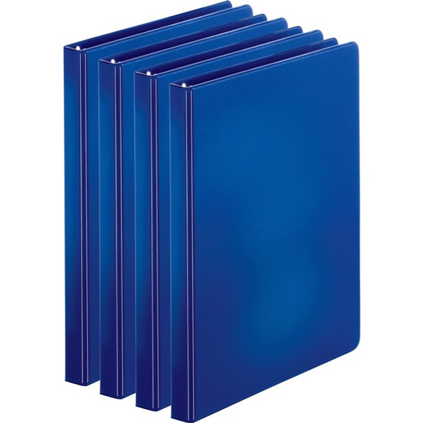 Business Source Basic Round Ring Binders - 1/2" Binder Capacity - Letter - 8 1/2" x 11" Sheet Size - 125 Sheet Capacity - 3 x Round Ring Fastener(s) - Internal Pocket(s) - Chipboard, Polypropylene - Dark Blue - Exposed Rivet, Sturdy - 4 / Bundle