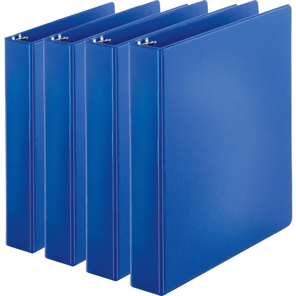 Business Source Basic Round Ring Binders - 1 1/2" Binder Capacity - Letter - 8 1/2" x 11" Sheet Size - 350 Sheet Capacity - 3 x Round Ring Fastener(s) - Internal Pocket(s) - Chipboard, Polypropylene - Dark Blue - Exposed Rivet, Sturdy - 4 / Bundle