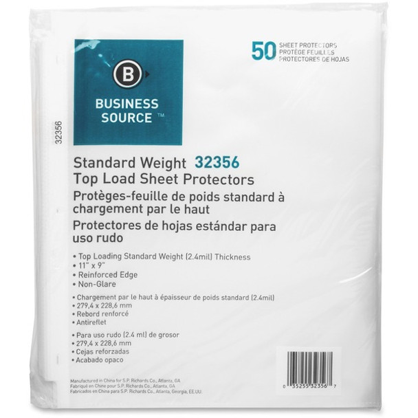 Business Source Nonglare Top-loading Sheet Protectors - 11" Height x 9" Width - 2.4 mil Thickness - For Letter 8 1/2" x 11" Sheet - Rectangular - Clear - Polypropylene - 50 / Pack