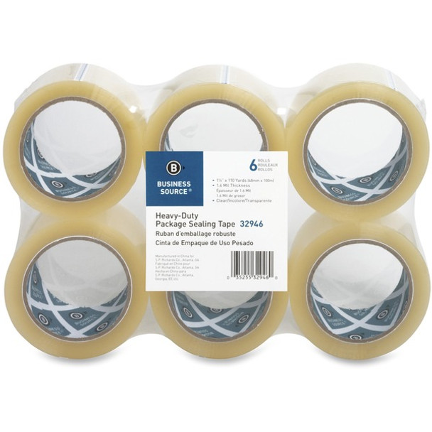 Business Source Heavy-duty Packaging/Sealing Tape - 110 yd Length x 1.88" Width - 3" Core - 1.60 mil - Breakage Resistance - For Bonding, Packing - 6 / Pack - Clear