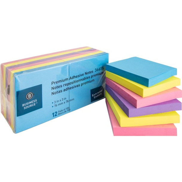 Business Source 3x3 Extreme Colors Adhesive Notes - 100 - 3" x 3" - Square - Assorted - Repositionable, Solvent-free Adhesive - 12 / Pack