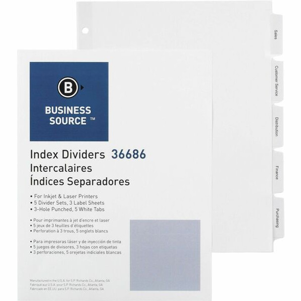 Business Source Punched Tabbed Laser Index Dividers - 5 Blank Tab(s) - 11" Divider Width - 3 Hole Punched - White Paper Divider - White Tab(s) - Recycled - Mylar Reinforcement, Reinforced, Punched - 5 / Pack