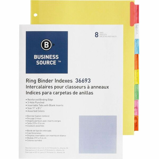 Business Source Insertable Tab Ring Binder Indexes - 8 Blank Tab(s)1.50" Tab Width - 8.5" Divider Width x 11" Divider Length - Letter - 3 Hole Punched - Multicolor Tab(s) - Tear Resistant, Punched, Insertable, Reinforced Edges - 8 / Set