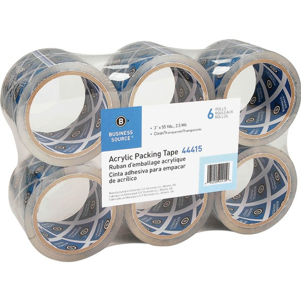 Business Source Acrylic Packing Tape - 55 yd Length x 3" Width - 2.5 mil Thickness - 3" Core - Pressure-sensitive Poly - Acrylic Backing - For Mailing, Shipping, Storing - 6 / Pack - Clear