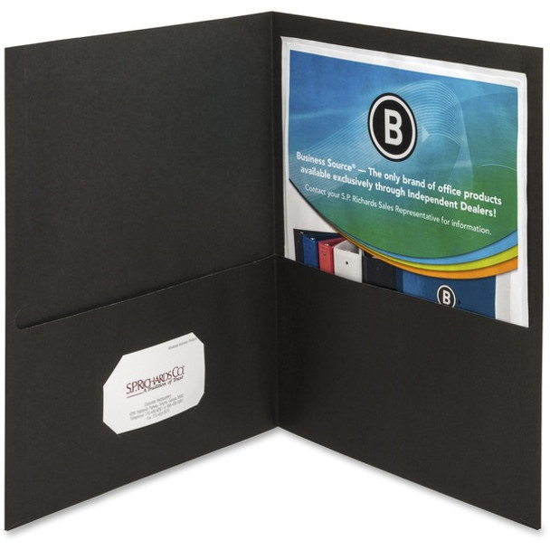 Business Source Letter Recycled Pocket Folder - 8 1/2" x 11" - 100 Sheet Capacity - 2 Inside Front & Back Pocket(s) - Paper - Black - 35% Recycled - 25 / Box