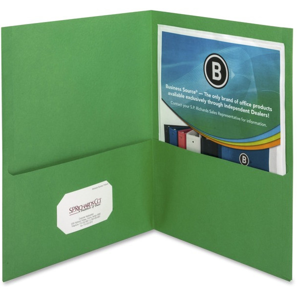 Business Source Letter Recycled Pocket Folder - 8 1/2" x 11" - 100 Sheet Capacity - 2 Inside Front & Back Pocket(s) - Paper - Green - 35% Recycled - 25 / Box