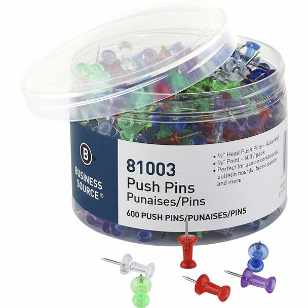 Business Source 1/2" Head Pushpins - 0.50" Head - for Notes, Photo, Corkboard, Bulletin Board, Fabric Panel - 600 / Pack - Assorted
