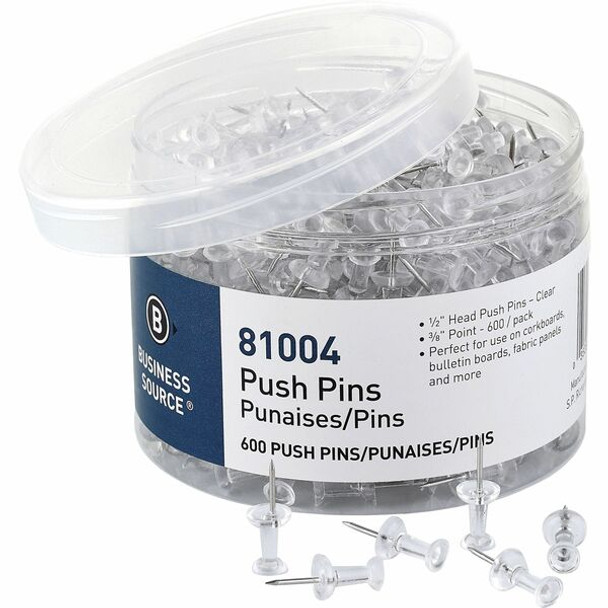 Business Source 1/2" Head Pushpins - 0.50" Head - for Notes, Photo, Corkboard, Bulletin Board, Fabric Panel - 600 / Pack - Clear