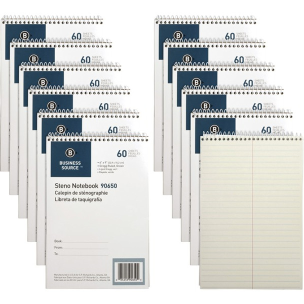 Business Source Steno Notebooks - 60 Sheets - Coilock - Gregg Ruled - 6" x 9" - Green Tint Paper - Stiff-back, Sturdy - 12 / Pack