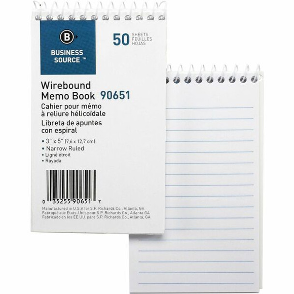 Business Source Wirebound Memo Books - 50 Sheet(s) - Wire Bound - 5" x 3" Sheet Size - White - White Sheet(s) - 1 Dozen