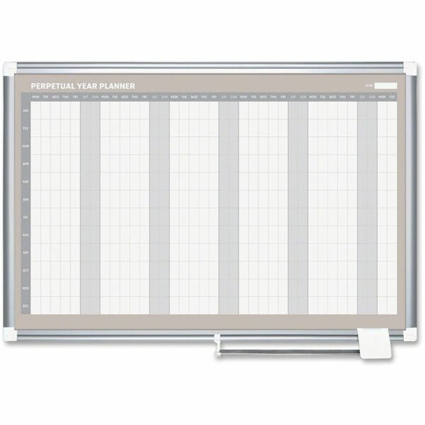 MasterVision Magnetic Gold Ultra 12 Month Planner - Monthly - 12 Month - Silver Gray, White, Pale Gray - Aluminum, Lacquered Steel - 36" Height x 48" Width - Durable, Accessory Tray, Dry Erase Surface, Magnetic - 1 Each