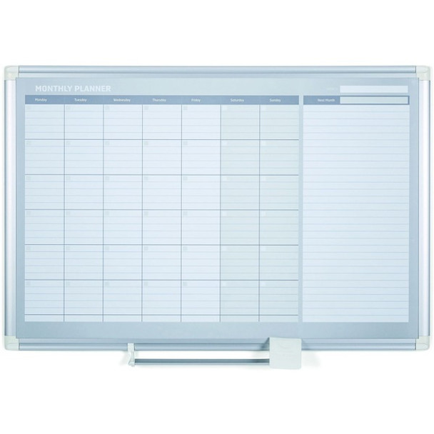 MasterVision 3' Magnetic Gold Monthly Planner - Monthly - White, Silver - Aluminum - 36" Height x 48" Width - Dry Erase Surface, Write on/Wipe off, Magnetic, Scratch Resistant, Ghost Resistant, Accessory Tray - 1 Each