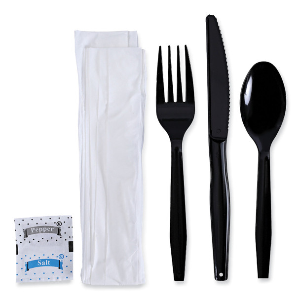 Six-Piece Cutlery Kit, Condiment/Fork/Knife/Napkin/Teaspoon, Black, 250/Carton