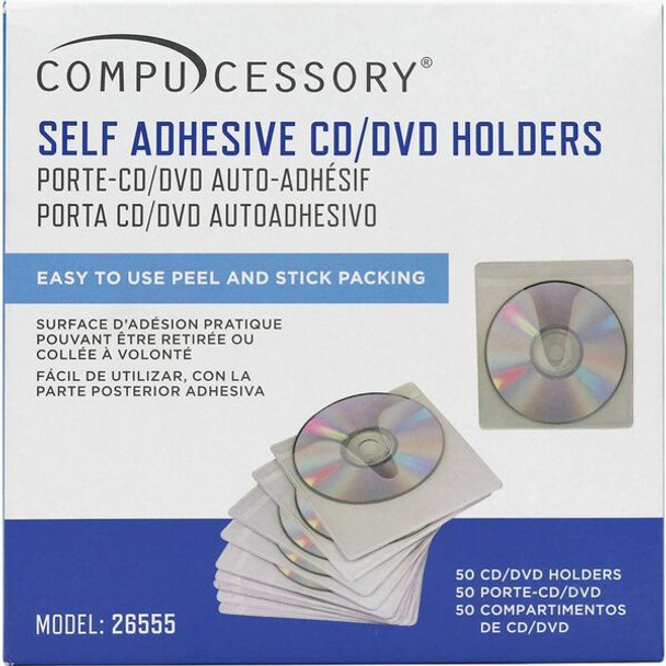 Compucessory Self-Adhesive Poly CD/DVD Holders - 1 x CD/DVD Capacity - White - Polypropylene - 50 / Pack