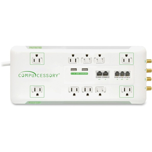 Compucessory Slim 10-Outlet Surge Protector - 10 x AC Power - 3420 J - Coaxial Cable Line - 6 ft