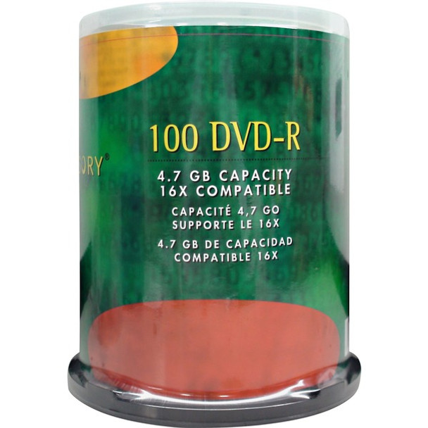 Compucessory DVD Recordable Media - DVD-R - 16x - 4.70 GB - 100 Pack - 120mm - 2 Hour Maximum Recording Time